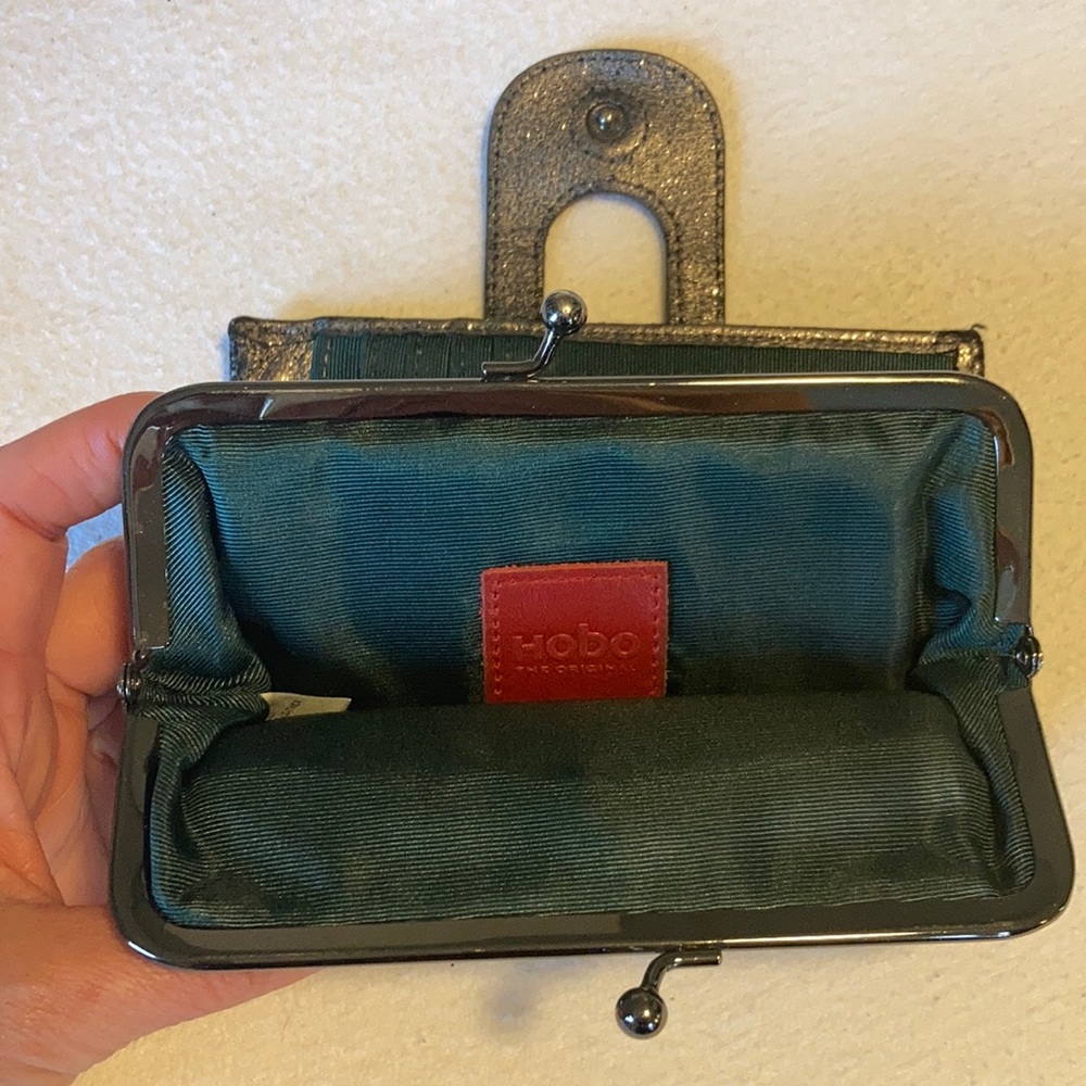 HOBO leather compact wallet silver metallic exterior